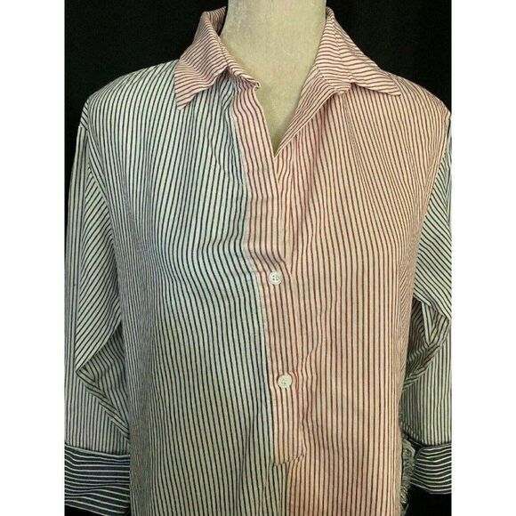 Zara Womens Navy Blue White Red Striped Long Sleeve Top Button Down Small - Picture 2 of 7